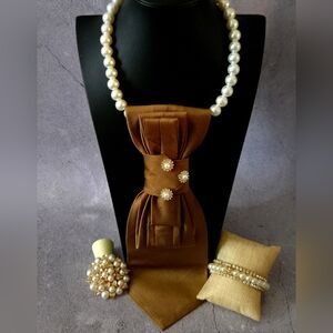 Pearl Necklace with Brown Necktie with Pearl-Rhinestone Accents